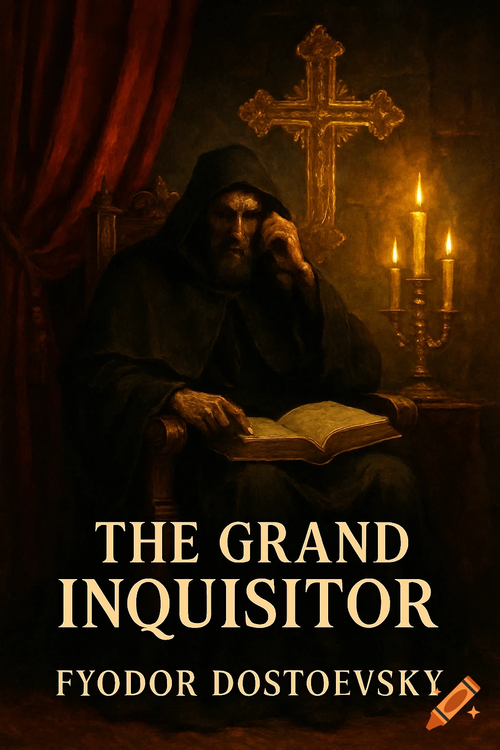 A dark, painterly book cover featuring a hooded figure reading a book by candlelight, with a golden cross in the background. The text reads: "THE GRAND INQUISITOR FYODOR DOSTOEVSKY".