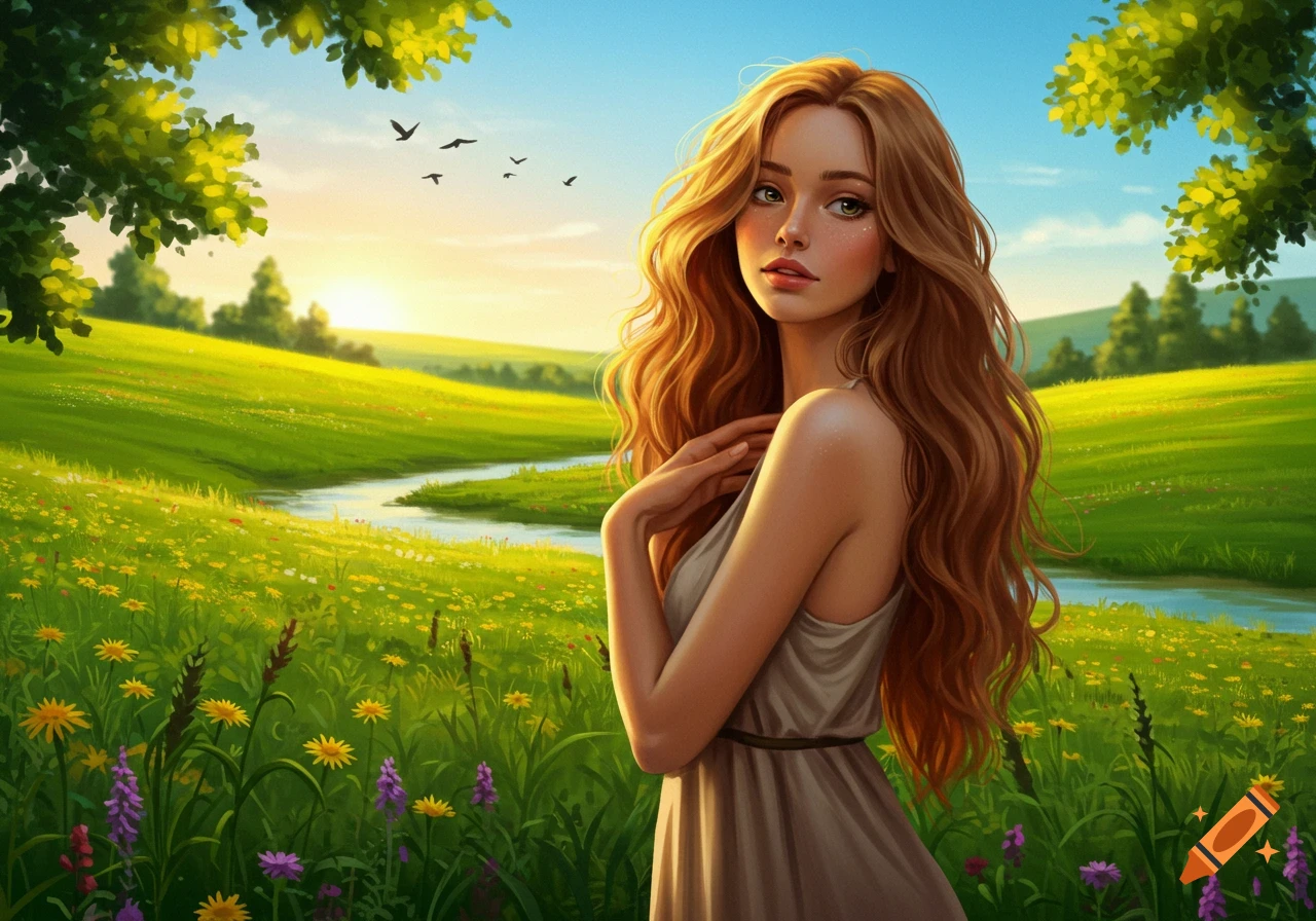 A beautiful young woman with long, wavy auburn hair stands in a vibrant green meadow with a river, at sunset.