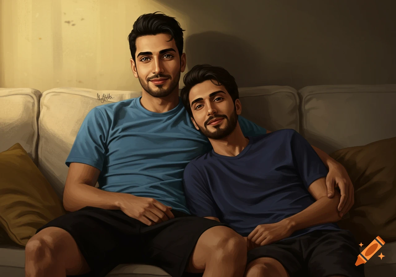 Digital painting of two smiling men sitting close on a couch in a warm, cozy room.