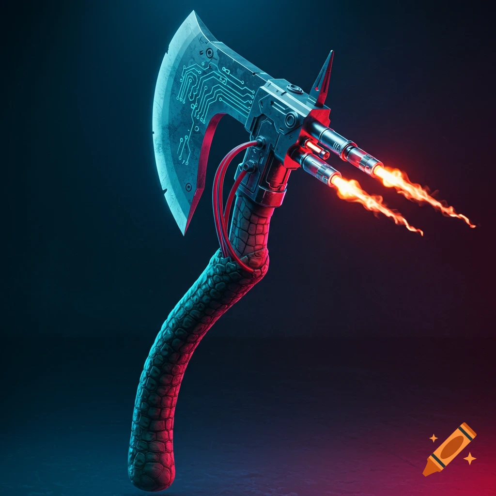 A stylized cyberpunk battle axe with a textured handle, glowing circuit blade, and fiery jets, against a dark background with blue and red neon lighting.