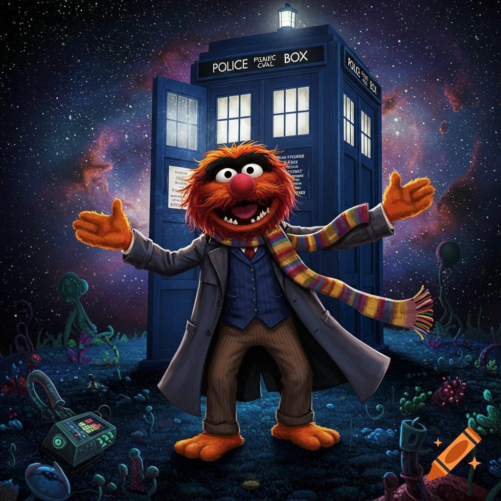 A happy Animal from the Muppets, dressed as Doctor Who with a long striped scarf and trench coat, stands in front of the open TARDIS under a starry cosmic sky with alien plants.