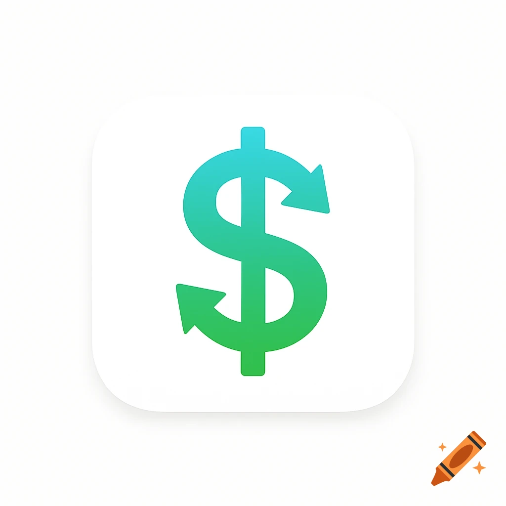 A white app icon with a gradient blue to green dollar sign and inward-pointing arrows.