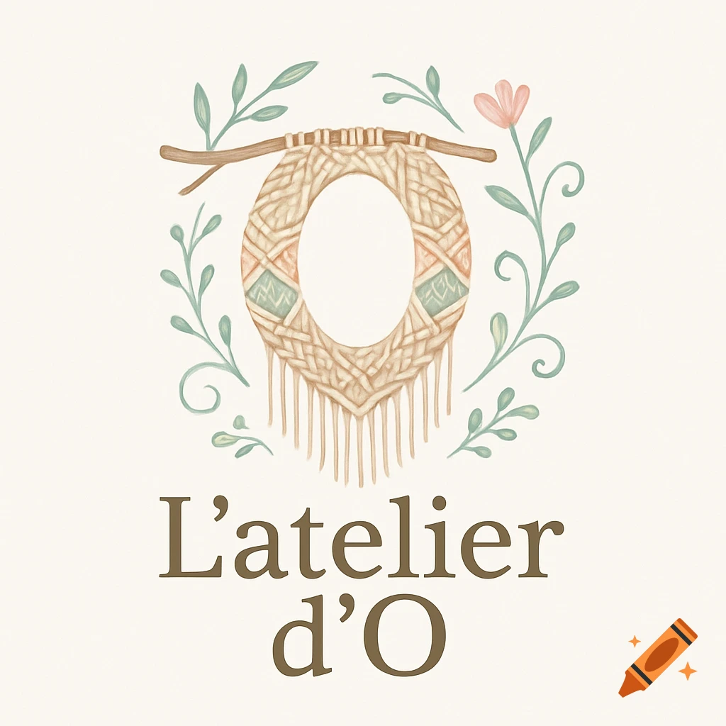 A logo featuring a stylized macrame letter 'O' hanging from a branch, adorned with pastel green leaves and a pink flower, with the text L'atelier d'O below.