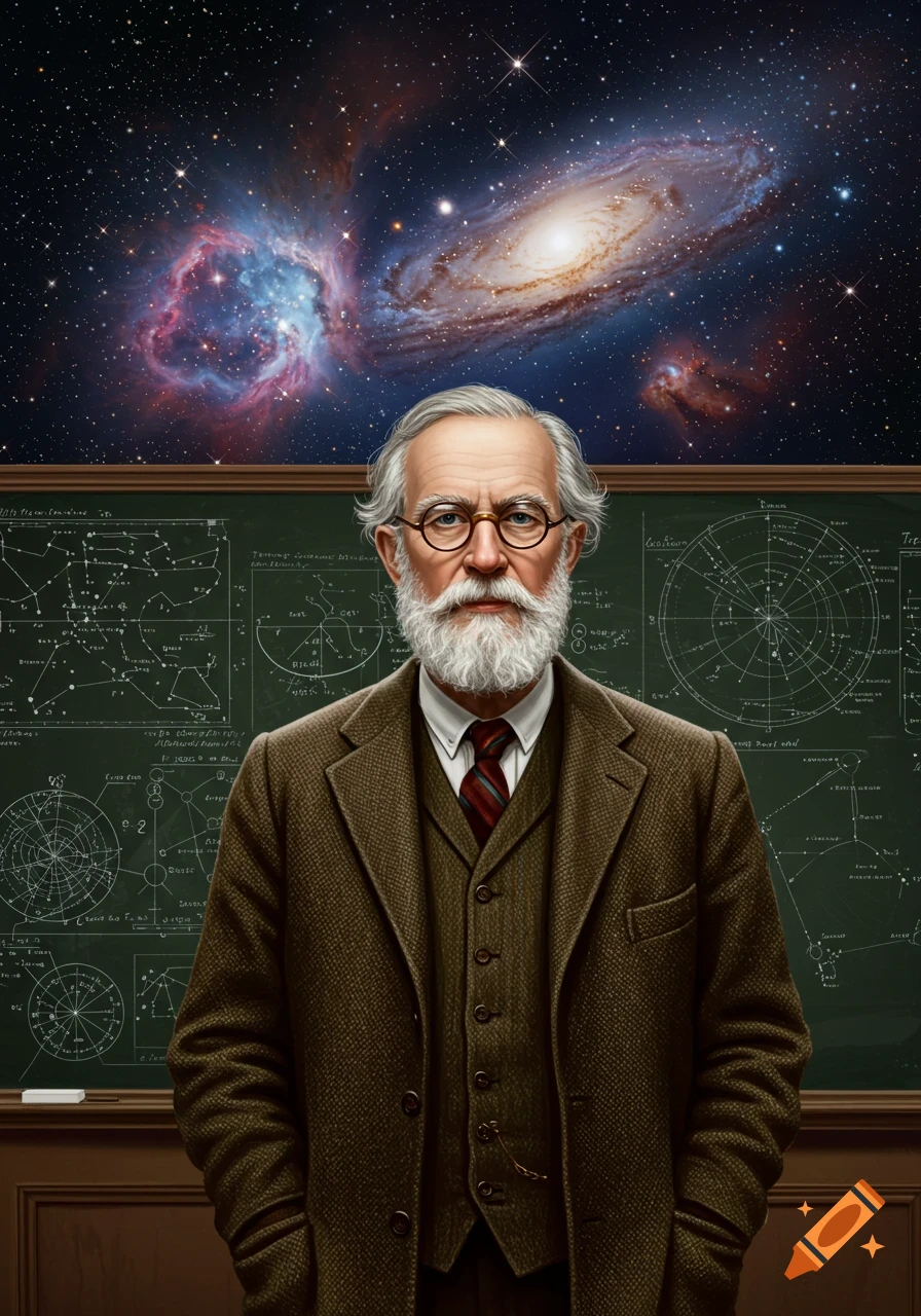 A man with a white beard and glasses in a suit stands before a chalkboard with diagrams, under a starry sky with galaxies.