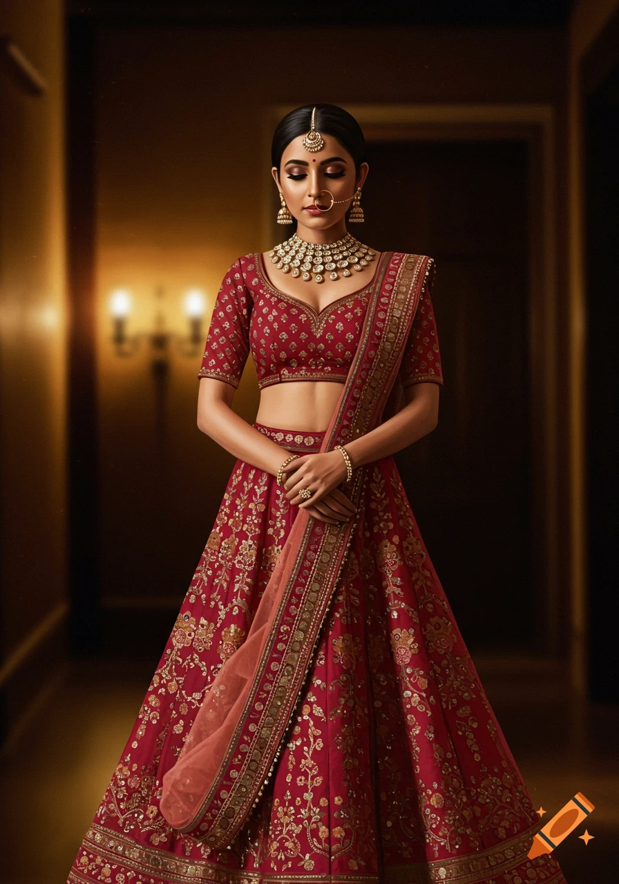 A serene Indian woman in a richly embroidered red lehenga choli and traditional gold jewelry, standing introspectively in a softly lit room.