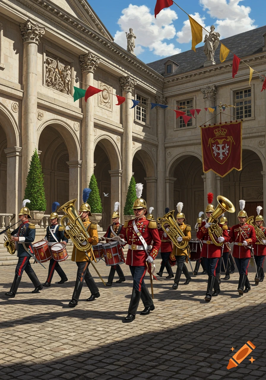 A royal military band in ornate uniforms marches through a classical stone courtyard decorated with flags and banners under a blue sky.