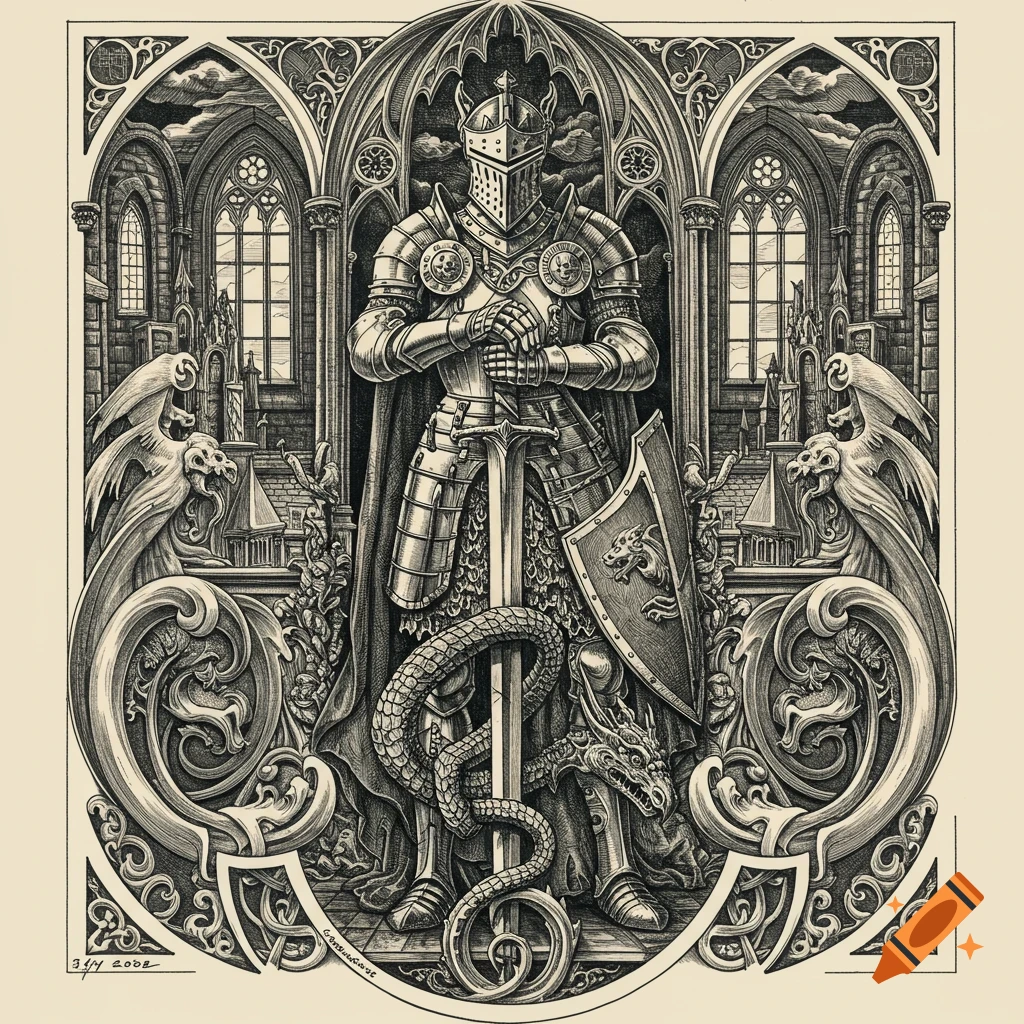Detailed black and white engraving of a knight in armor with a sword and shield, flanked by gargoyles and a dragon, under a gothic archway.