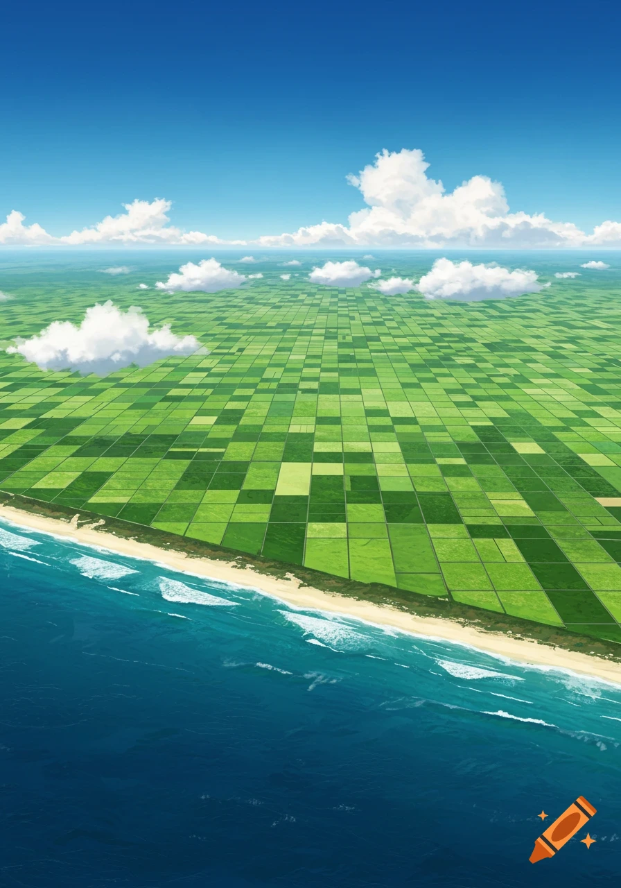 Aerial view of a vivid blue ocean, sandy beach, and extensive green square fields under a bright sky with white clouds.