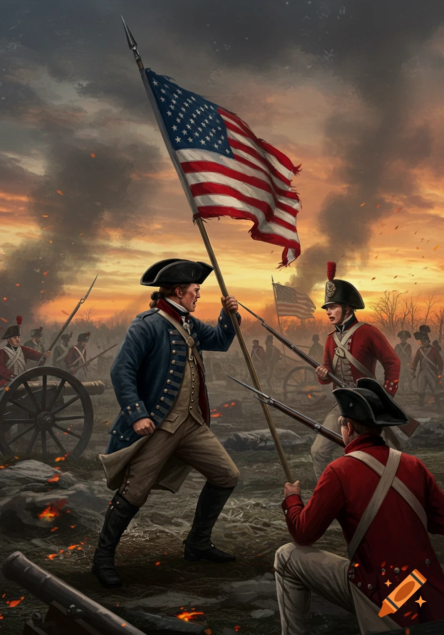 An American soldier holding a torn US flag fights a British soldier during a Revolutionary War battle at sunset.