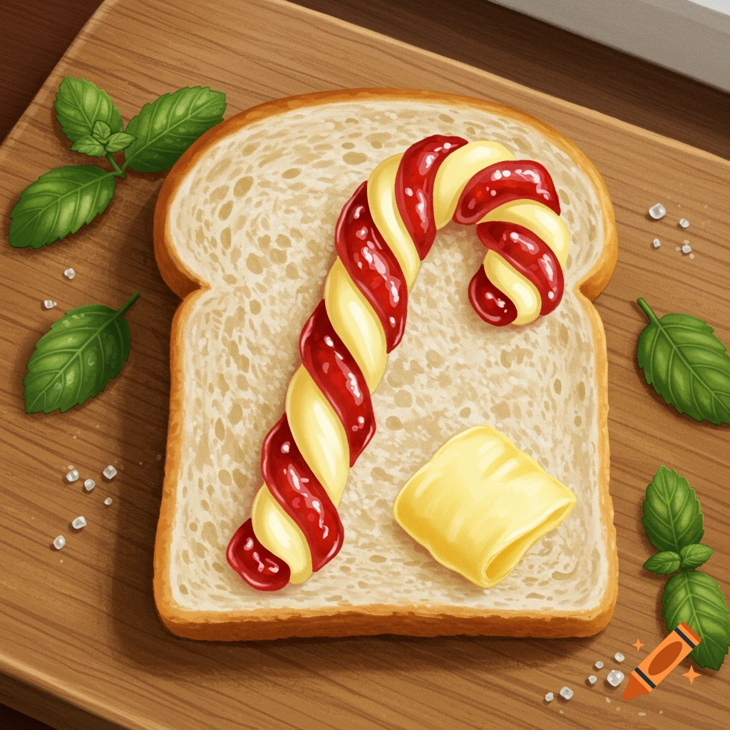 A top-down illustration of a slice of toast with a candy cane shape made from red jam and yellow butter, garnished with basil leaves and salt on a wooden board.