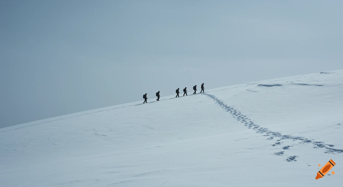 Six silhouetted hikers ascend a vast, snow-covered mountain, leaving a trail of footprints under an overcast sky.