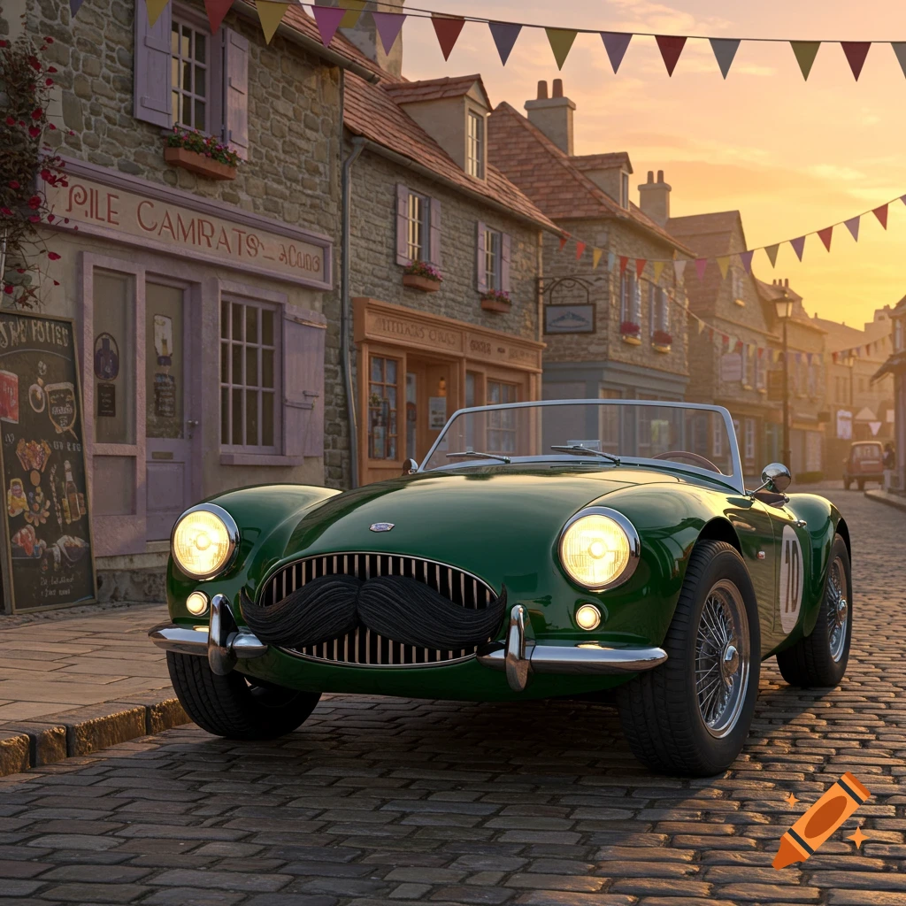 A green classic convertible car with a black mustache on its grill, parked on a cobblestone street in a charming village at sunset.