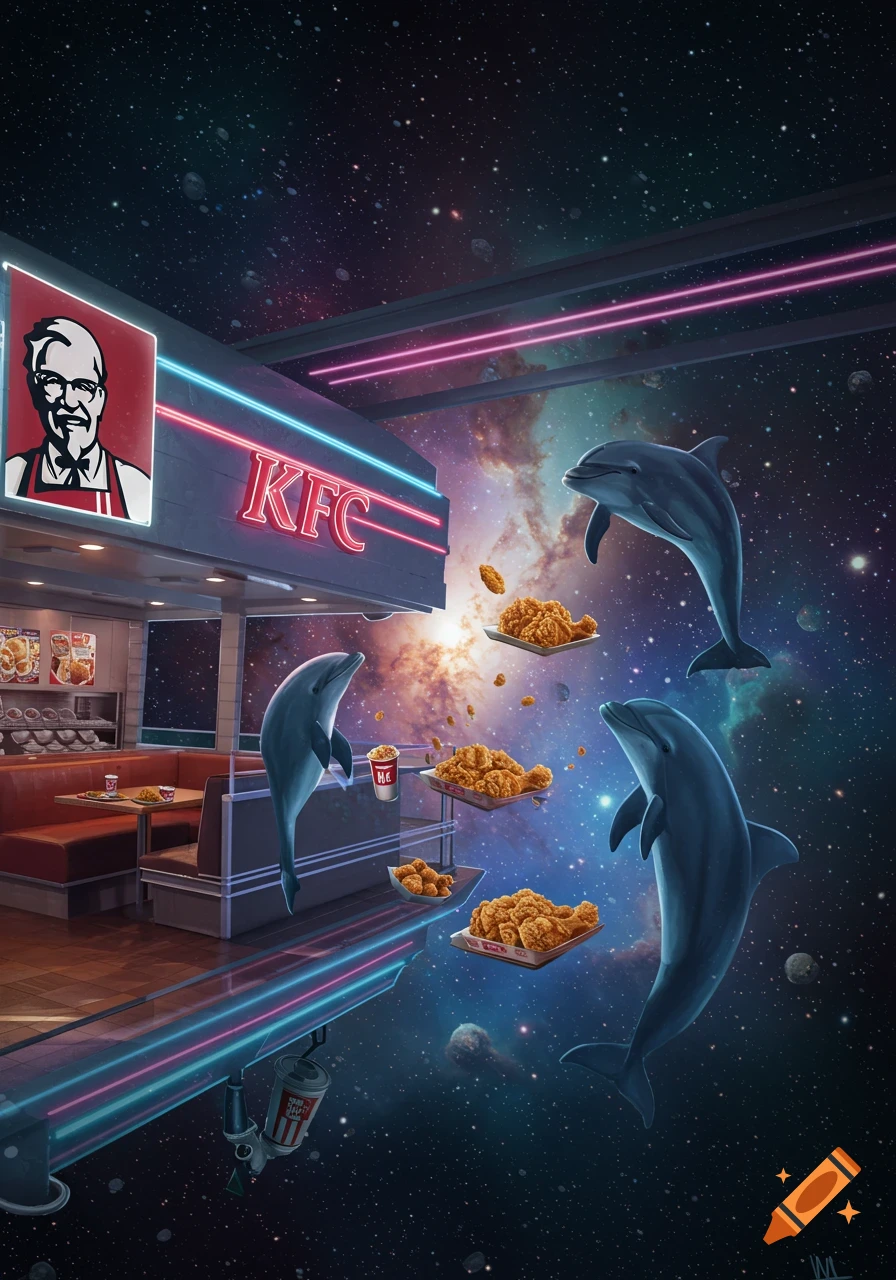 A surreal KFC restaurant floats in space with three dolphins, fried chicken buckets, and individual pieces of chicken.