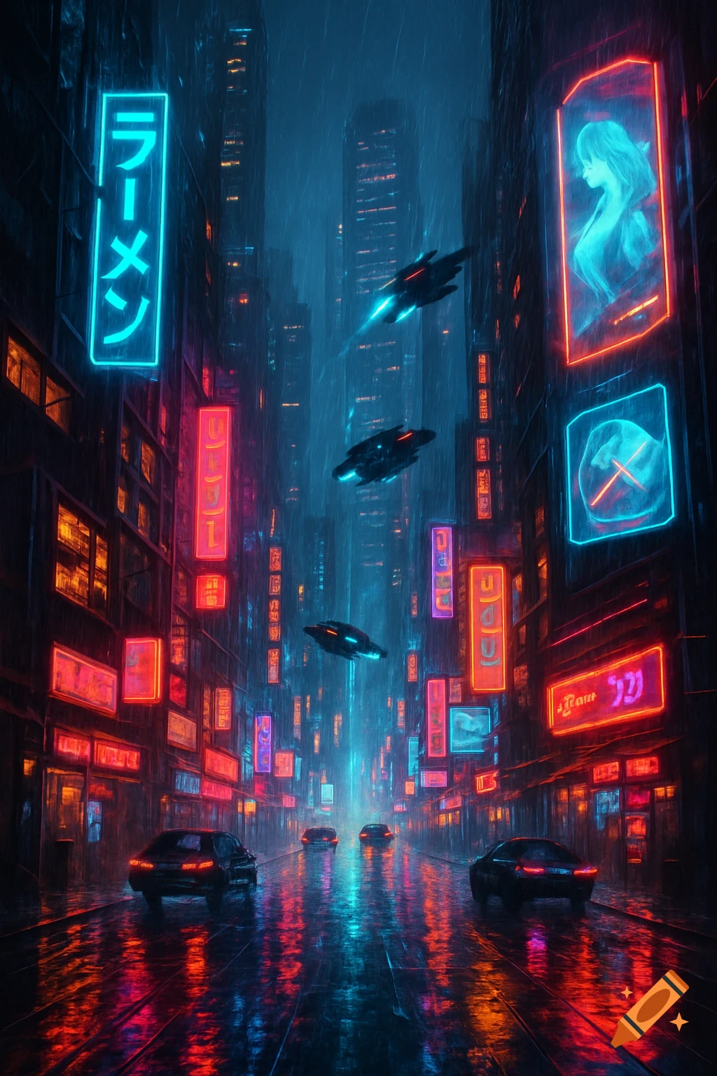 A rainy cyberpunk city street at night, with towering buildings covered in glowing neon signs. Flying cars cruise above the wet pavement, reflecting the vibrant red and blue lights.