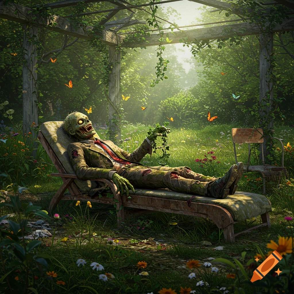 A zombie in a tattered suit relaxes on a lounge chair under a leafy pergola in a sunny, overgrown garden with butterflies.