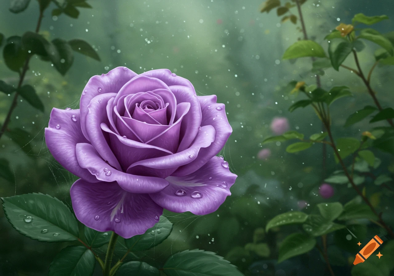 A vibrant purple rose covered in water droplets with a soft, blurry green garden background.