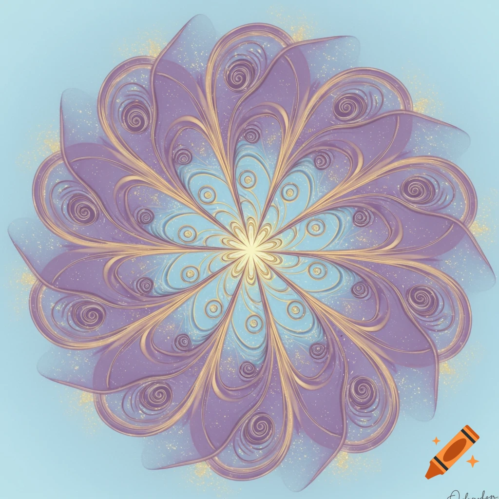 An ornate circular mandala featuring layers of purple, light blue, and gold petals with swirling patterns and golden specks.