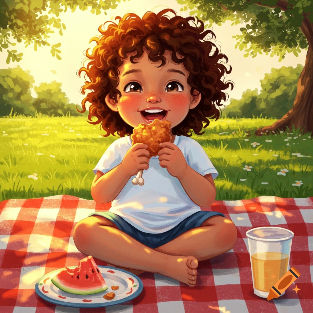 A happy cartoon child with curly hair sits on a red checkered picnic blanket, eating fried chicken and watermelon in a sunny park.