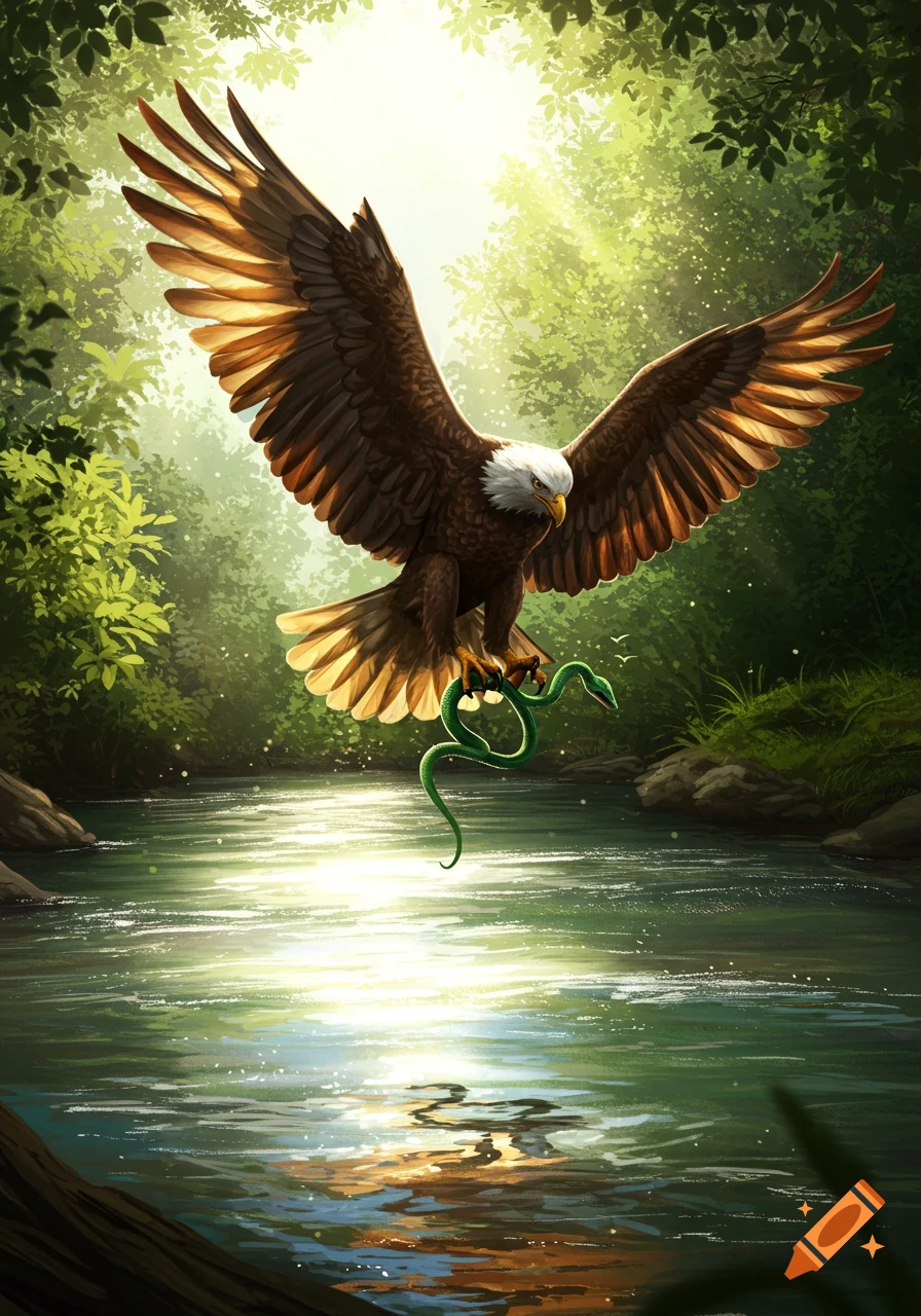 A majestic bald eagle soars over a sunlit river in a dense forest, clutching a vibrant green snake in its talons. Illustrative style.