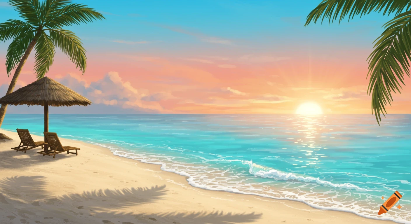 Illustrated beach sunset with palm trees, two lounge chairs under an umbrella, and turquoise ocean waves.
