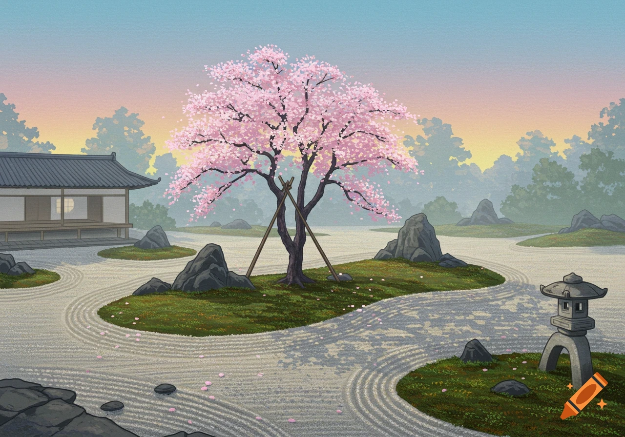 An illustration of a serene Japanese rock garden with a pink cherry blossom tree, traditional building, and a stone lantern.
