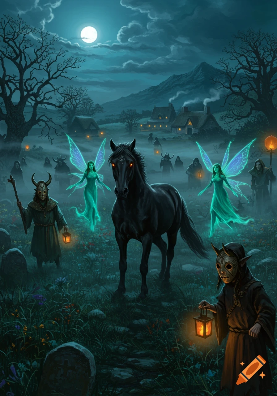A dark fantasy illustration of a black horse with red eyes, glowing fairies, and masked figures in a misty graveyard at night under a full moon.