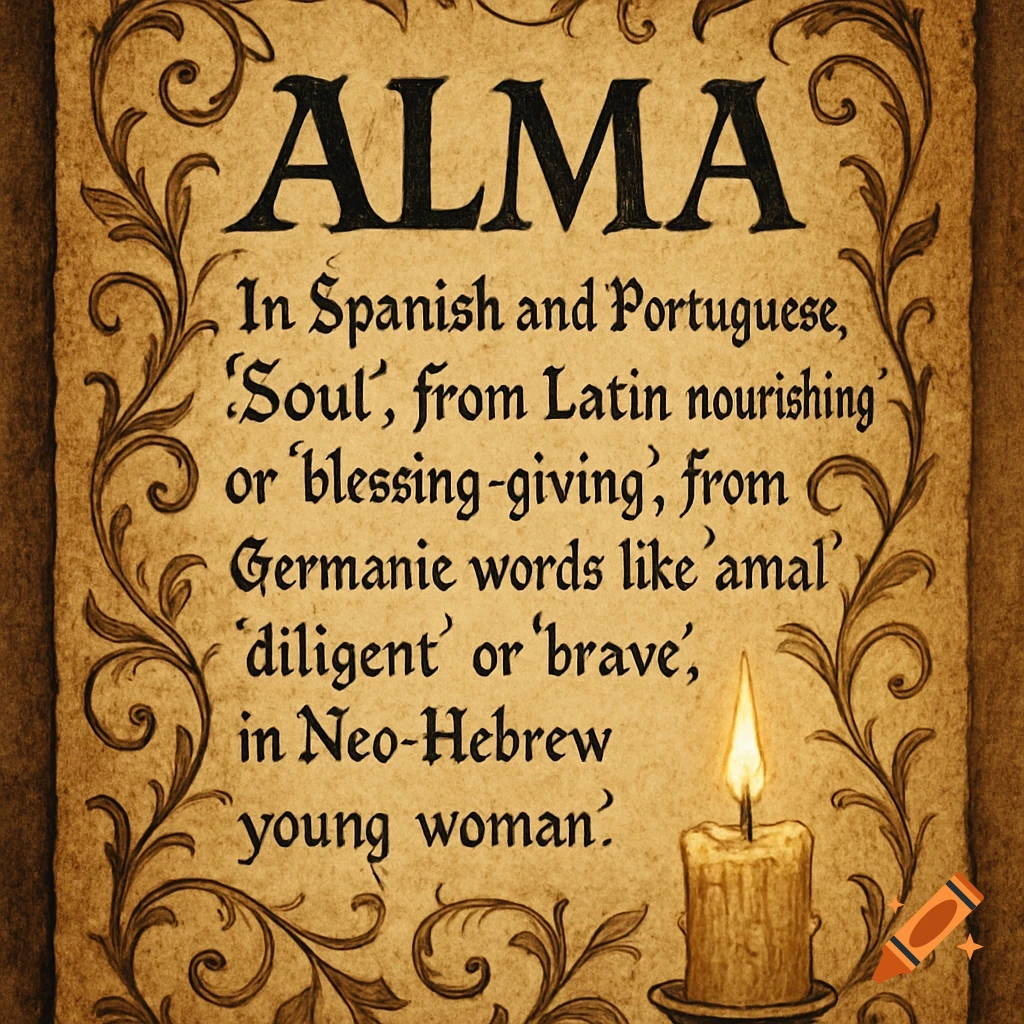 An old parchment scroll with ornate borders displays the name ALMA at the top. Below, a definition in English describes the name's origins and meanings, with a small lit candle in a holder at the bottom right.