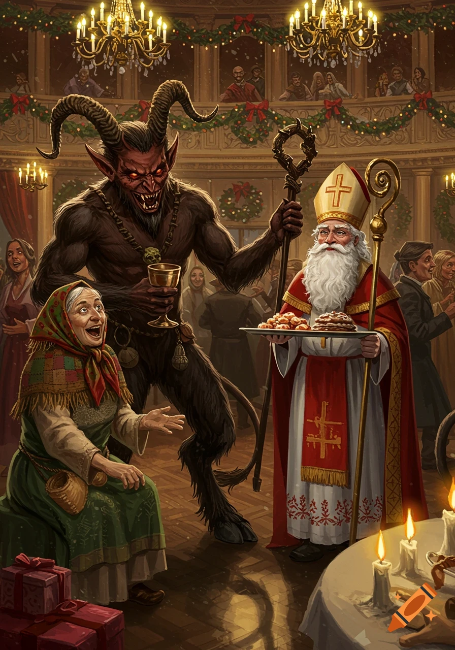 A horned, red-eyed Krampus stands with St. Nicholas, who holds a tray of treats, next to a smiling old woman at a festive party.