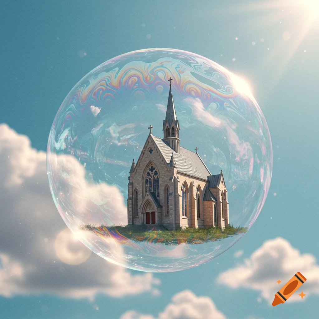 A photorealistic stone church on a grassy patch, encased within a large iridescent soap bubble, floats in a bright blue sky with clouds and sun rays.