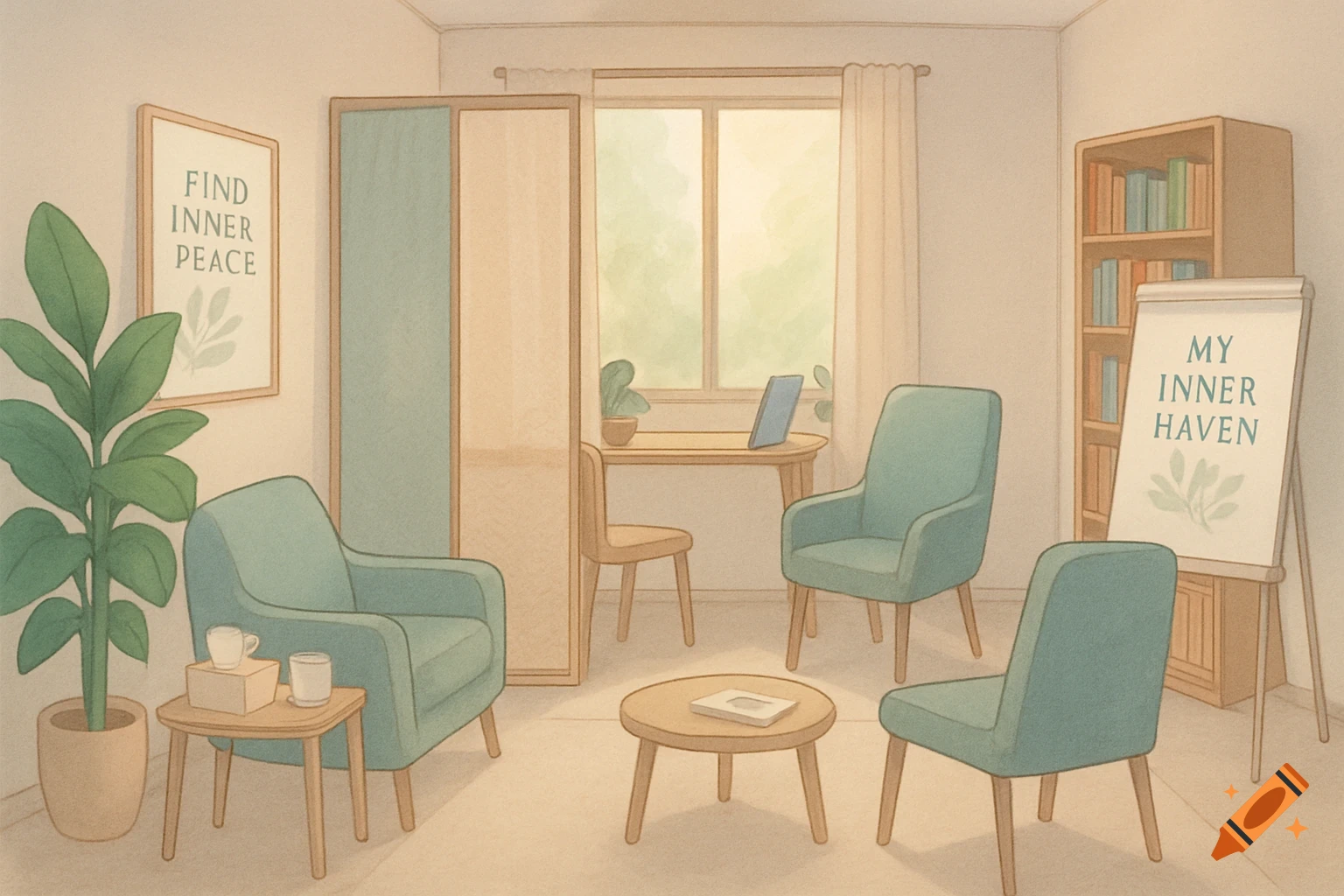 A serene, pastel-colored consulting room with teal armchairs, a large plant, desk by a window, bookshelves, and motivational signs.