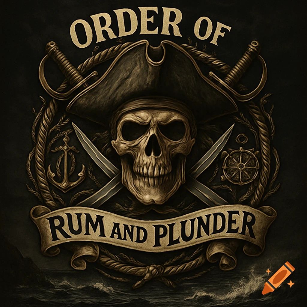 A dark, vintage-style pirate emblem featuring a skull in a tricorn hat, crossed swords, and the text "ORDER OF RUM AND PLUNDER".