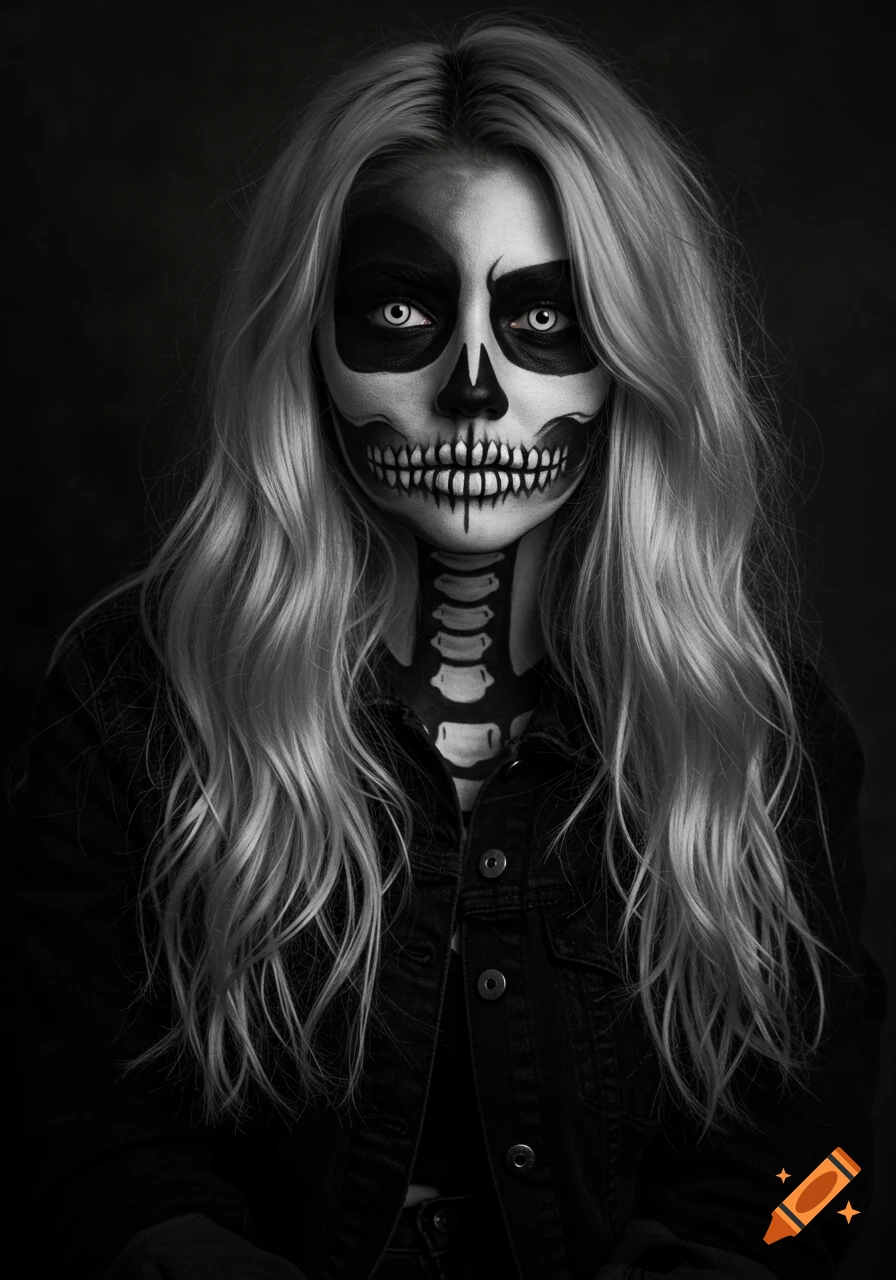 A black and white photorealistic portrait of a woman with long blonde hair and detailed skull makeup, wearing a black jean jacket.