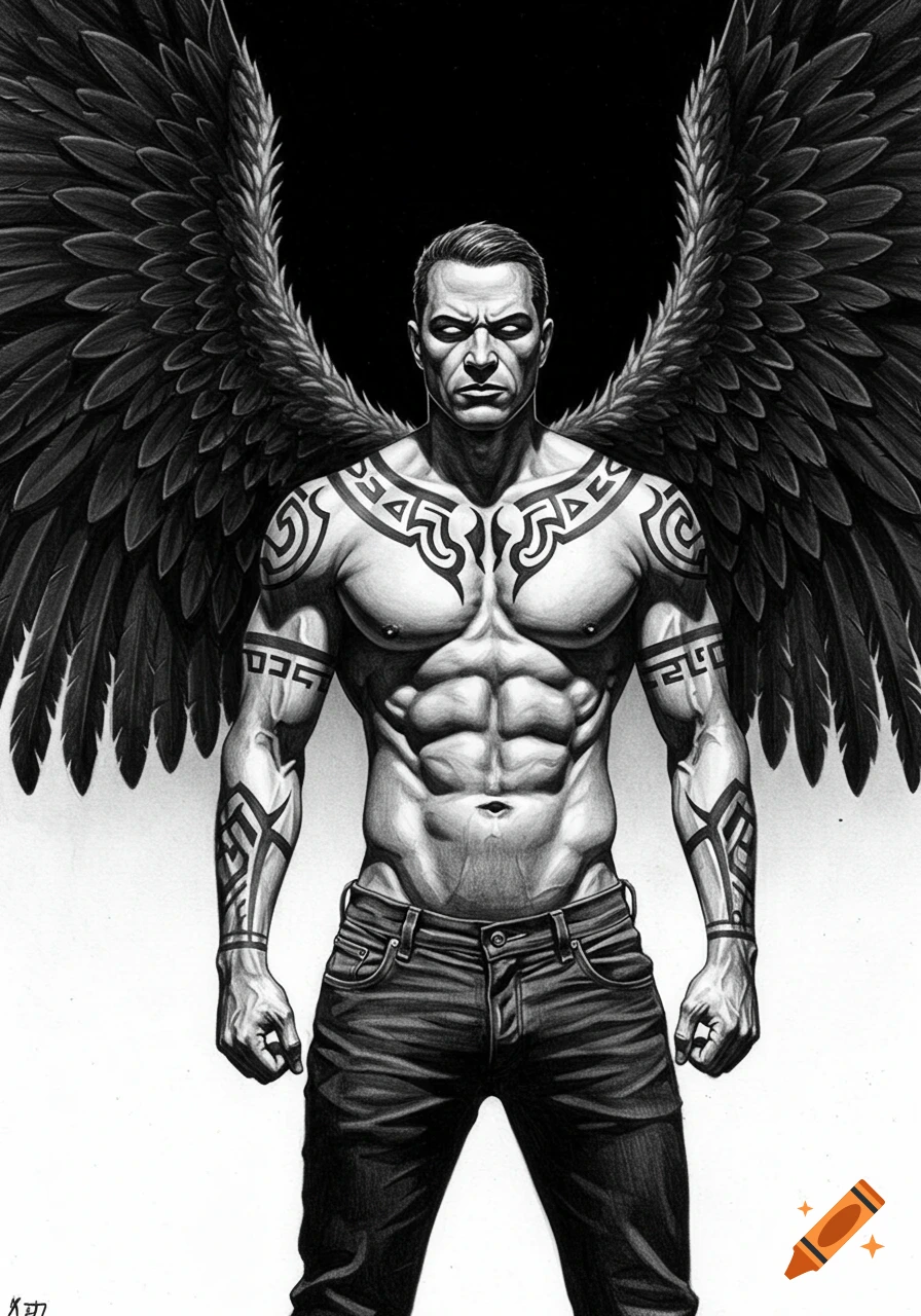 Black and white pencil sketch of a muscular man with large black wings and tribal tattoos, wearing jeans.