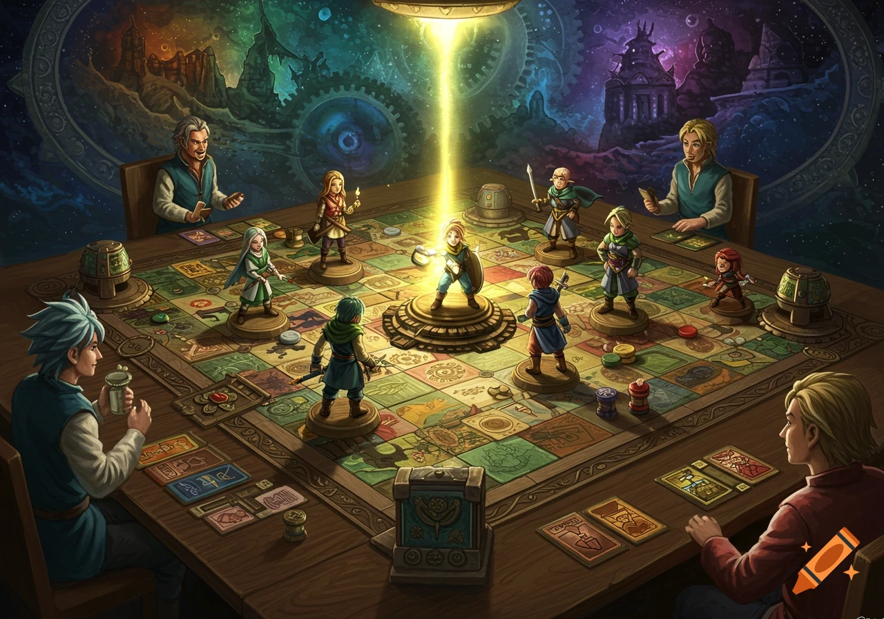 People play a detailed fantasy board game with miniature figures glowing on a magical, starry background, in a vibrant, stylized art style.