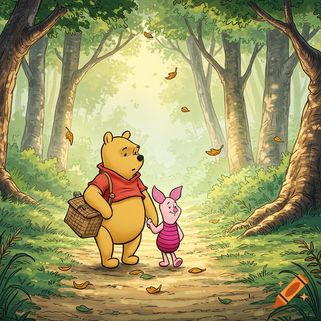 Winnie the Pooh with a picnic basket and Piglet walk hand-in-hand through a bright, leafy forest with falling leaves in cartoon style.