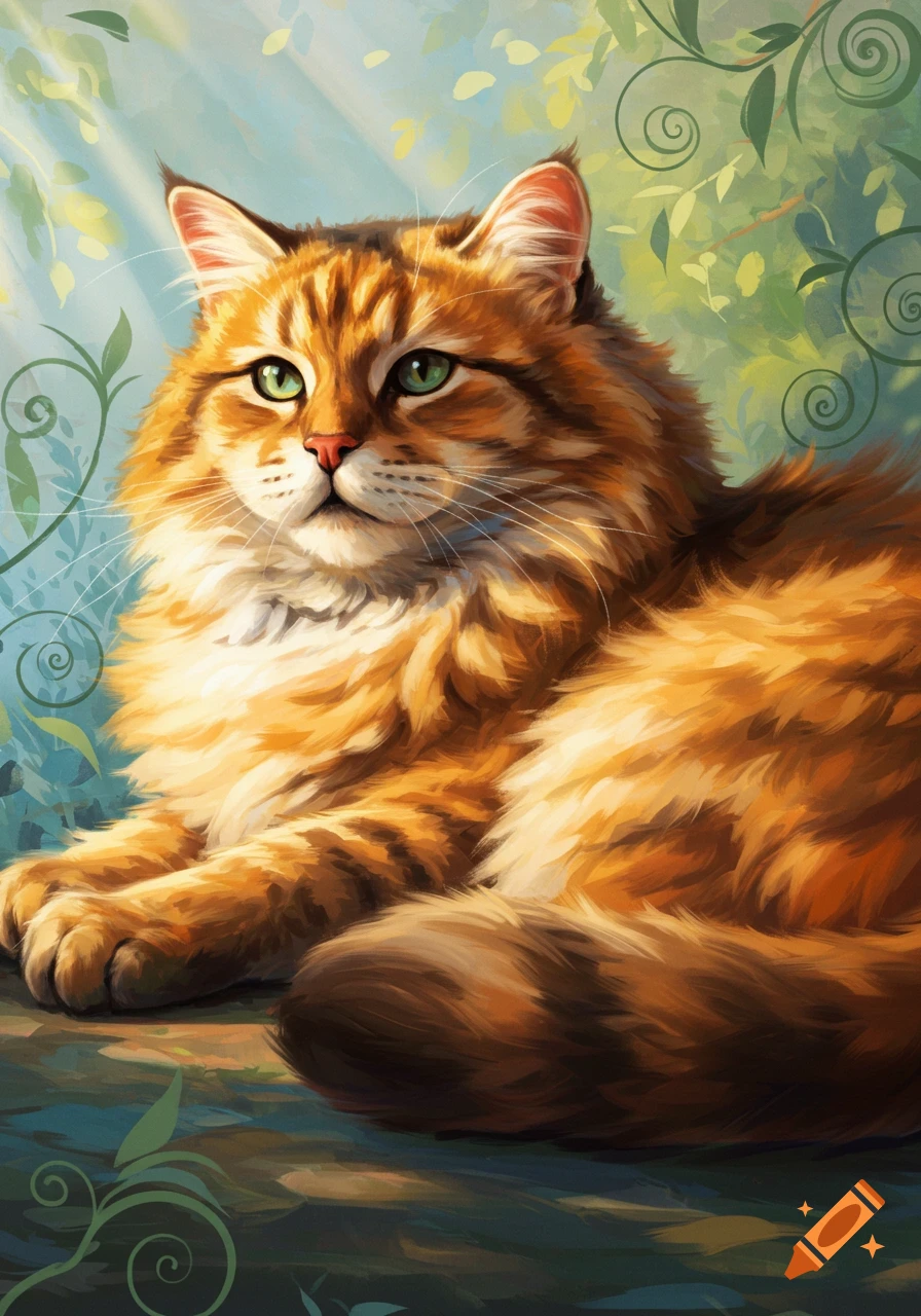 A fluffy orange tabby cat with green eyes rests in a painterly style among sunlit green foliage.