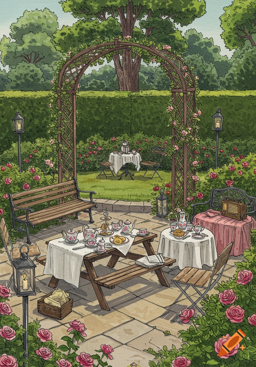 A detailed illustration of a vintage English garden party with tea sets on picnic tables, rose bushes, and a wooden archway.