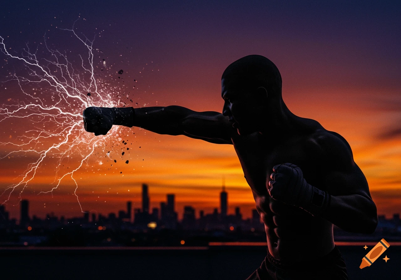 A silhouetted boxer throws a powerful punch, surrounded by lightning, against a vibrant sunset cityscape.