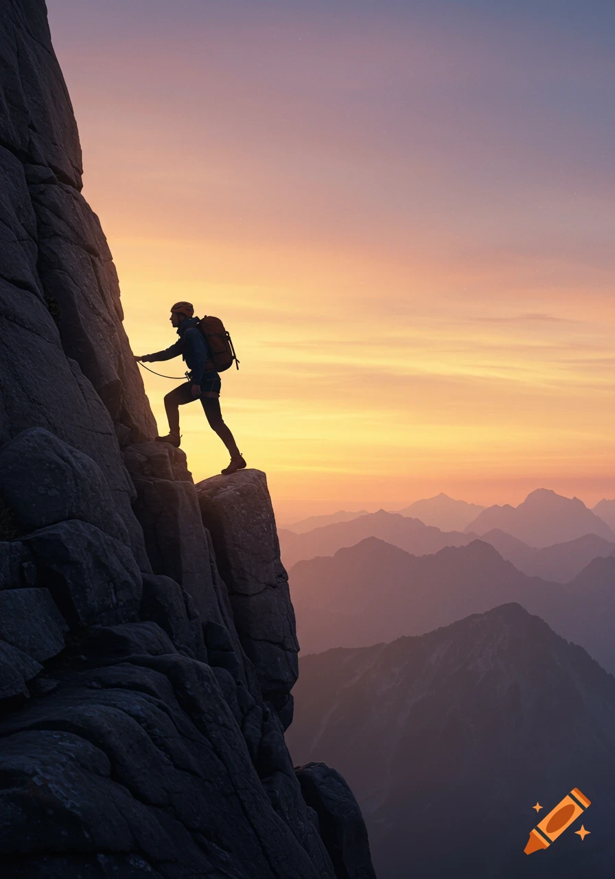 A lone mountaineer climbs a rocky peak at sunrise, with a vast mountain range stretching into the distance under an orange sky.