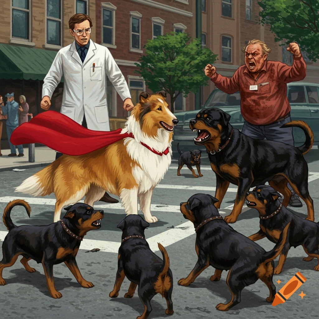 A scientist and a collared Lassie in a red cape confront a group of angry Rottweilers and puppies on a city street, while an angry man yells in the background. Illustration.