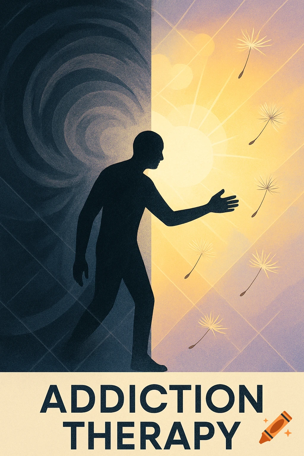 A poster of a silhouette stepping from darkness into light with dandelion seeds, with text 'ADDICTION THERAPY'.