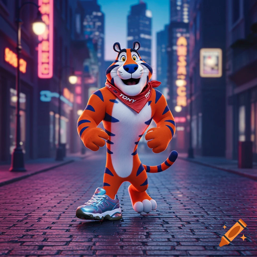 Tony the Tiger stands on a neon-lit city street at night, wearing metallic blue and white sneakers.