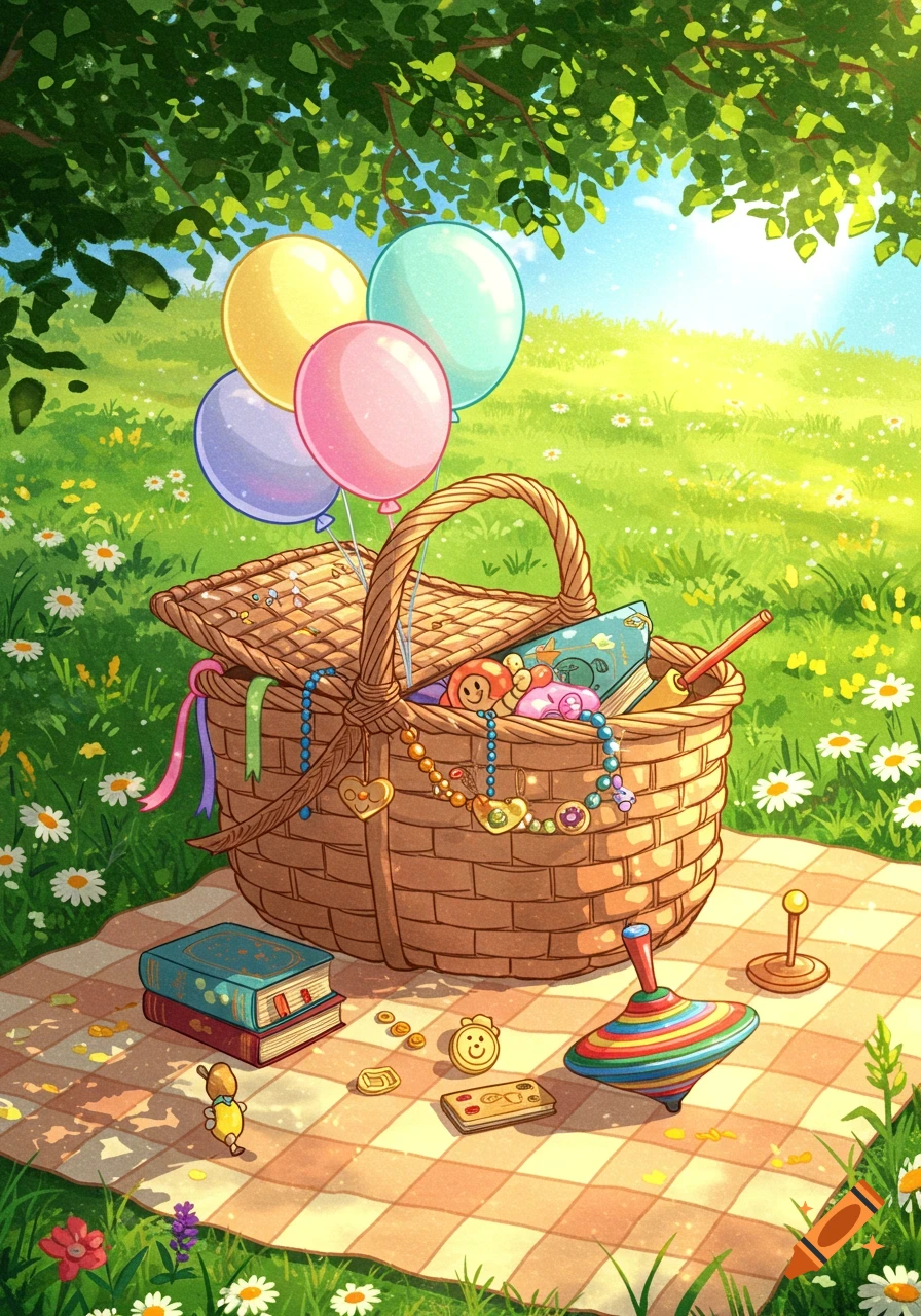Whimsical illustration of a picnic basket overflowing with colorful balloons, toys, and books on a checkered blanket in a sunny field.