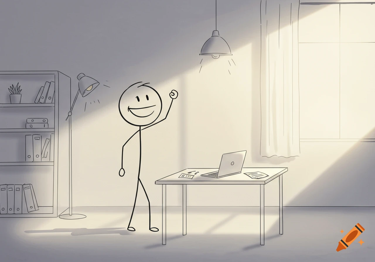 A stick figure man in an office, smiling and raising his fist in celebration.