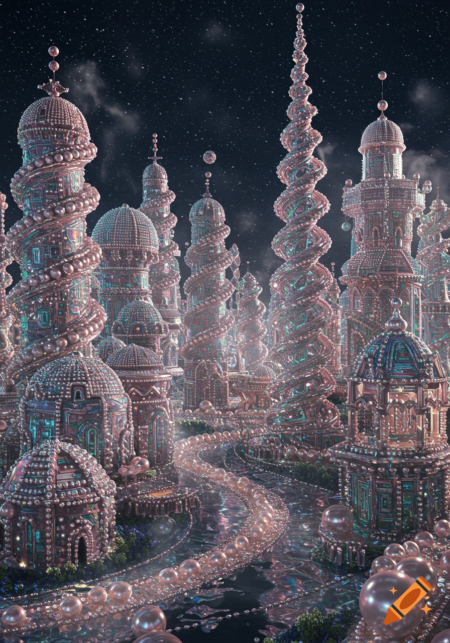 A shimmering fantastical city at night made of iridescent bismuth and glowing pearls under a starry sky.