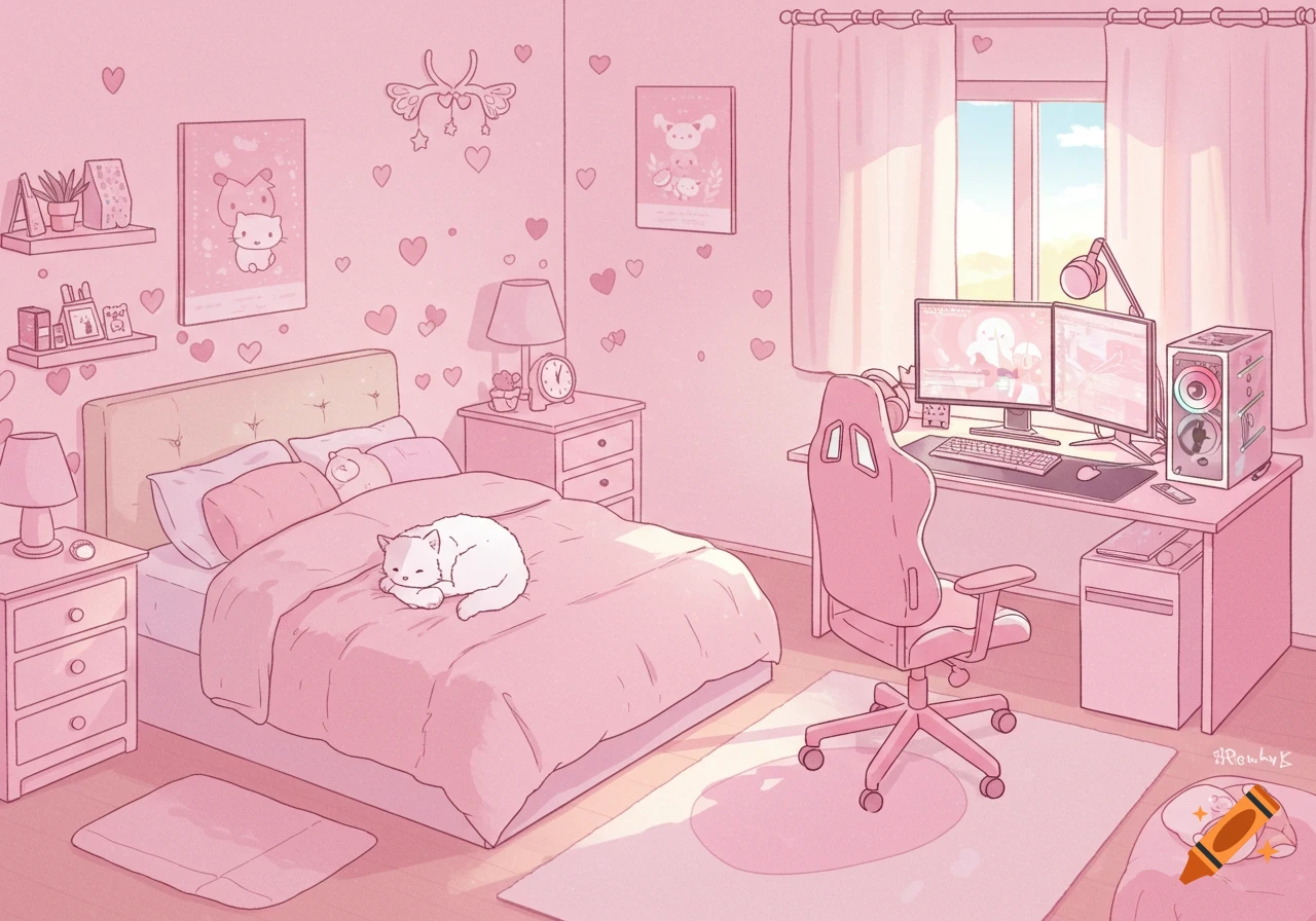 A light pink anime room with a white cat sleeping on the bed and a gaming setup by the window.