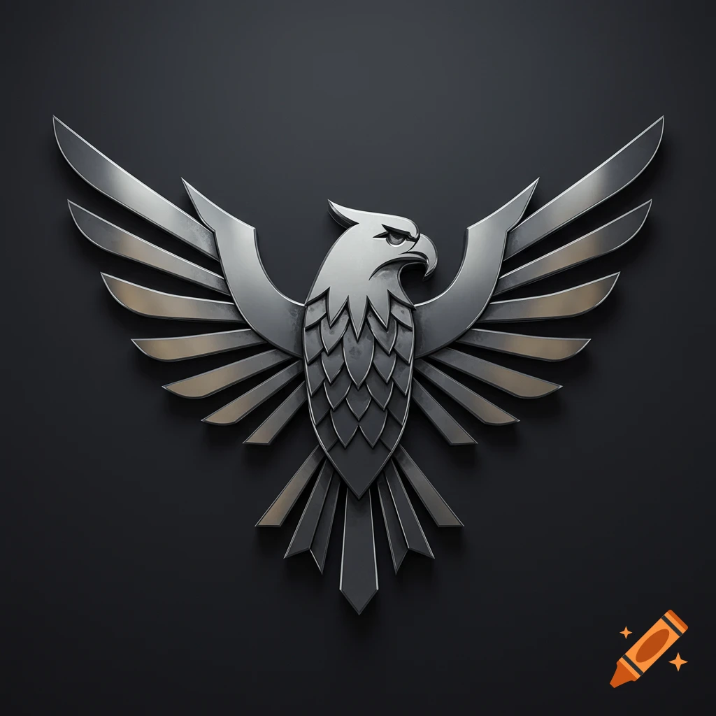 A shiny chrome metal eagle emblem with spread wings against a dark background.