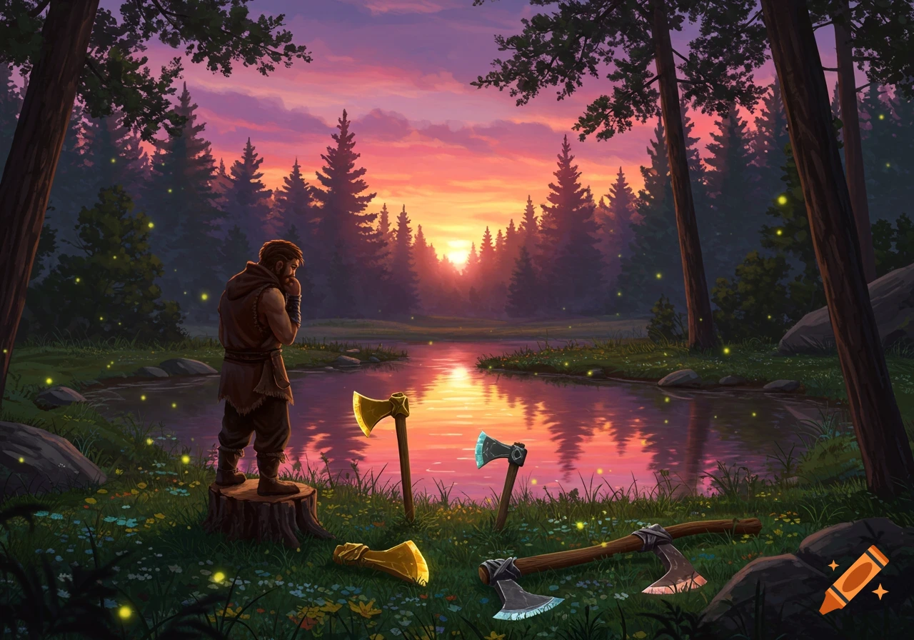 Illustrated scene of a bearded man standing on a tree stump by a lake at sunset, surrounded by several axes and glowing fireflies in a forest.