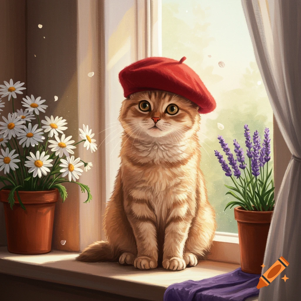 A cute fluffy orange cat wearing a red beret sits on a sunlit windowsill next to potted daisies and lavender.