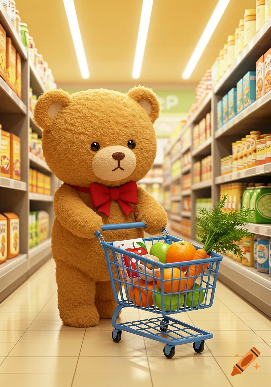 A fluffy brown teddy bear wearing a red bow tie pushes a blue shopping cart filled with fresh produce down a brightly lit grocery store aisle.